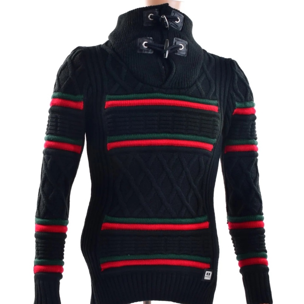 DUAL SHAWL COLLAR CABLE KNIT SWEATER-BLACK